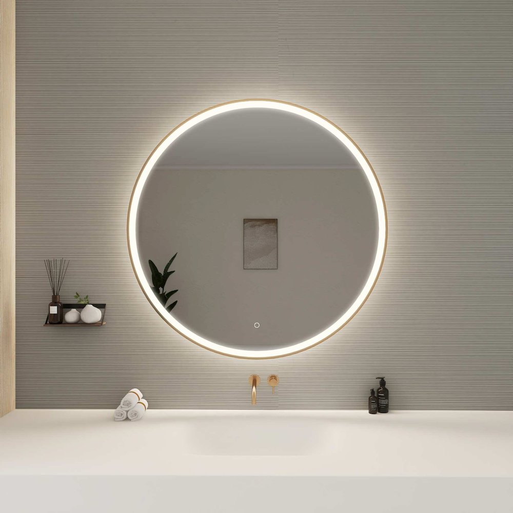 42 Round LED Front and Backlit Wall Mirror in Satin Gold. Picture 2