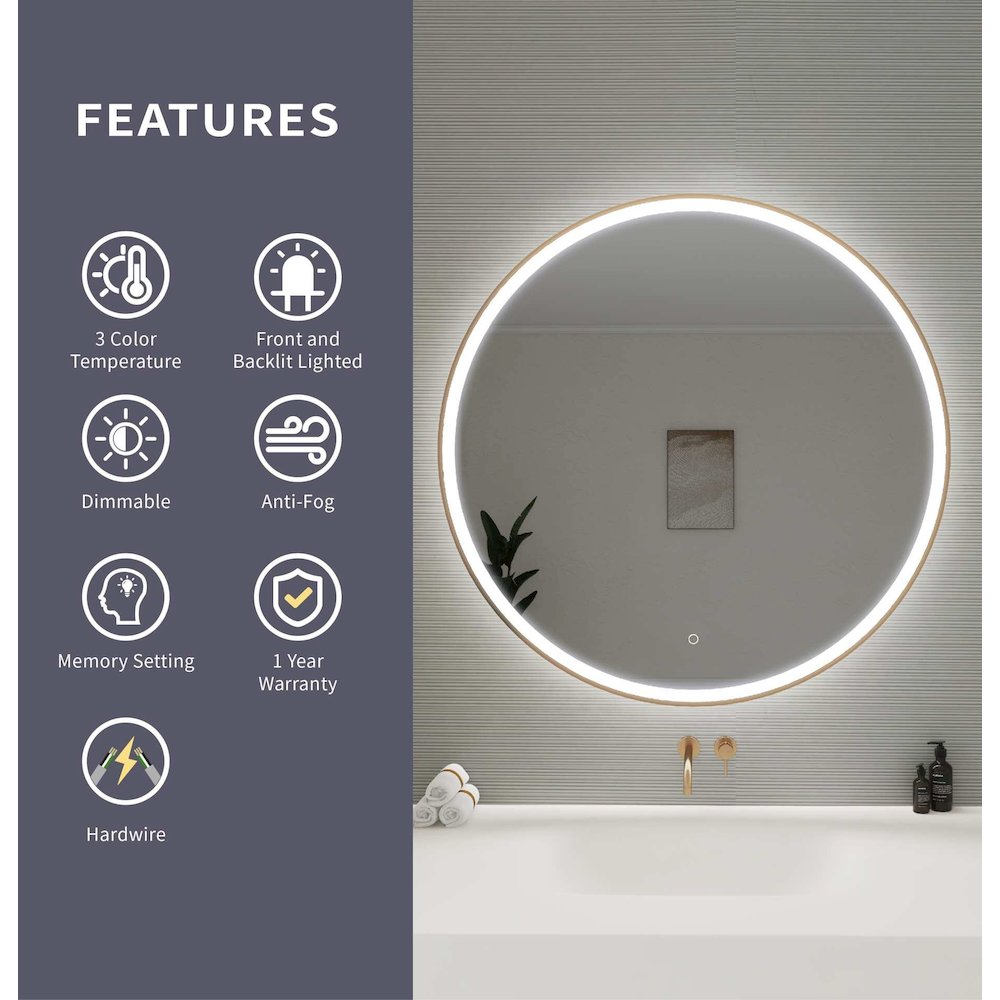 42 Round LED Front and Backlit Wall Mirror in Satin Gold. Picture 11