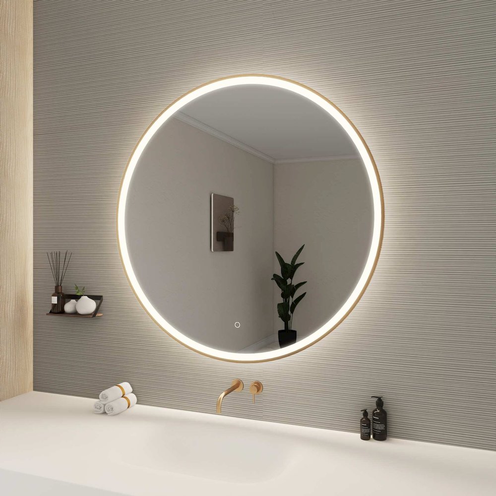 42 Round LED Front and Backlit Wall Mirror in Satin Gold. Picture 3
