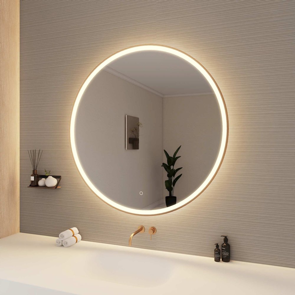 42 Round LED Front and Backlit Wall Mirror in Satin Gold. Picture 4
