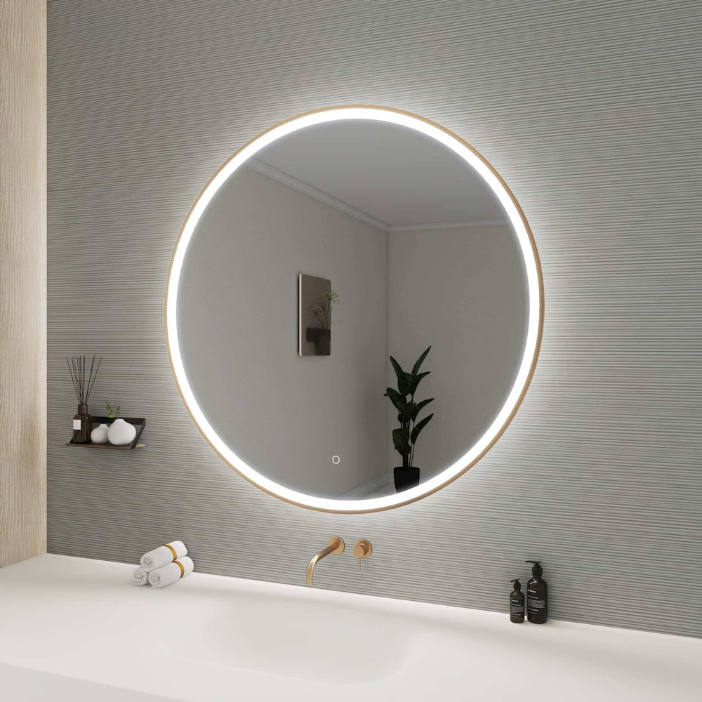 42 Round LED Front and Backlit Wall Mirror in Satin Gold. Picture 5