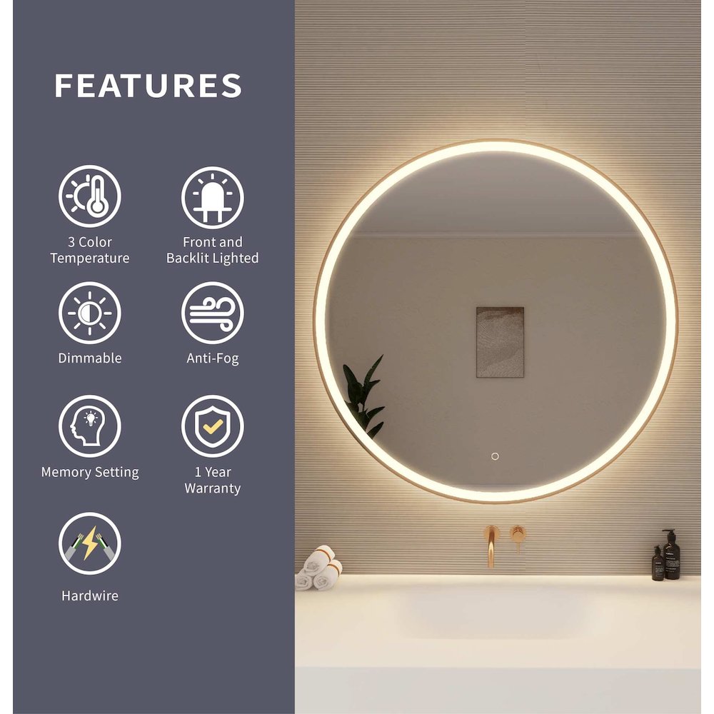 42 Round LED Front and Backlit Wall Mirror in Satin Gold. Picture 9