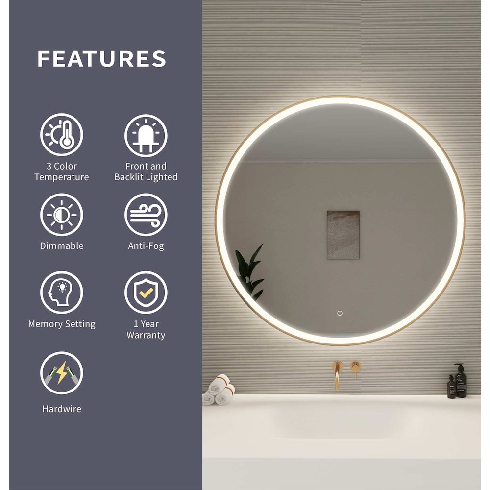 42 Round LED Front and Backlit Wall Mirror in Satin Gold. Picture 10