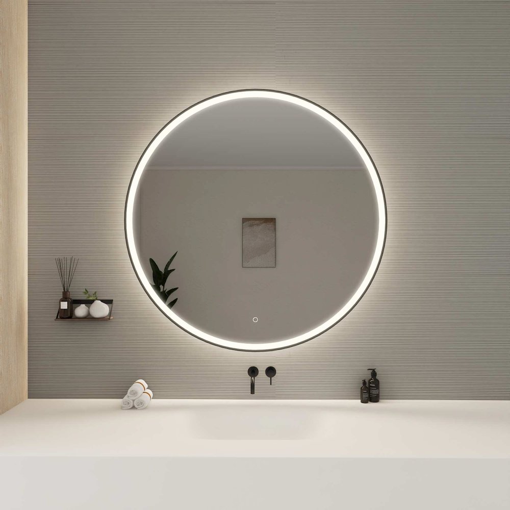 45 Round LED Front and Backlit Wall Mirror in Black. Picture 2
