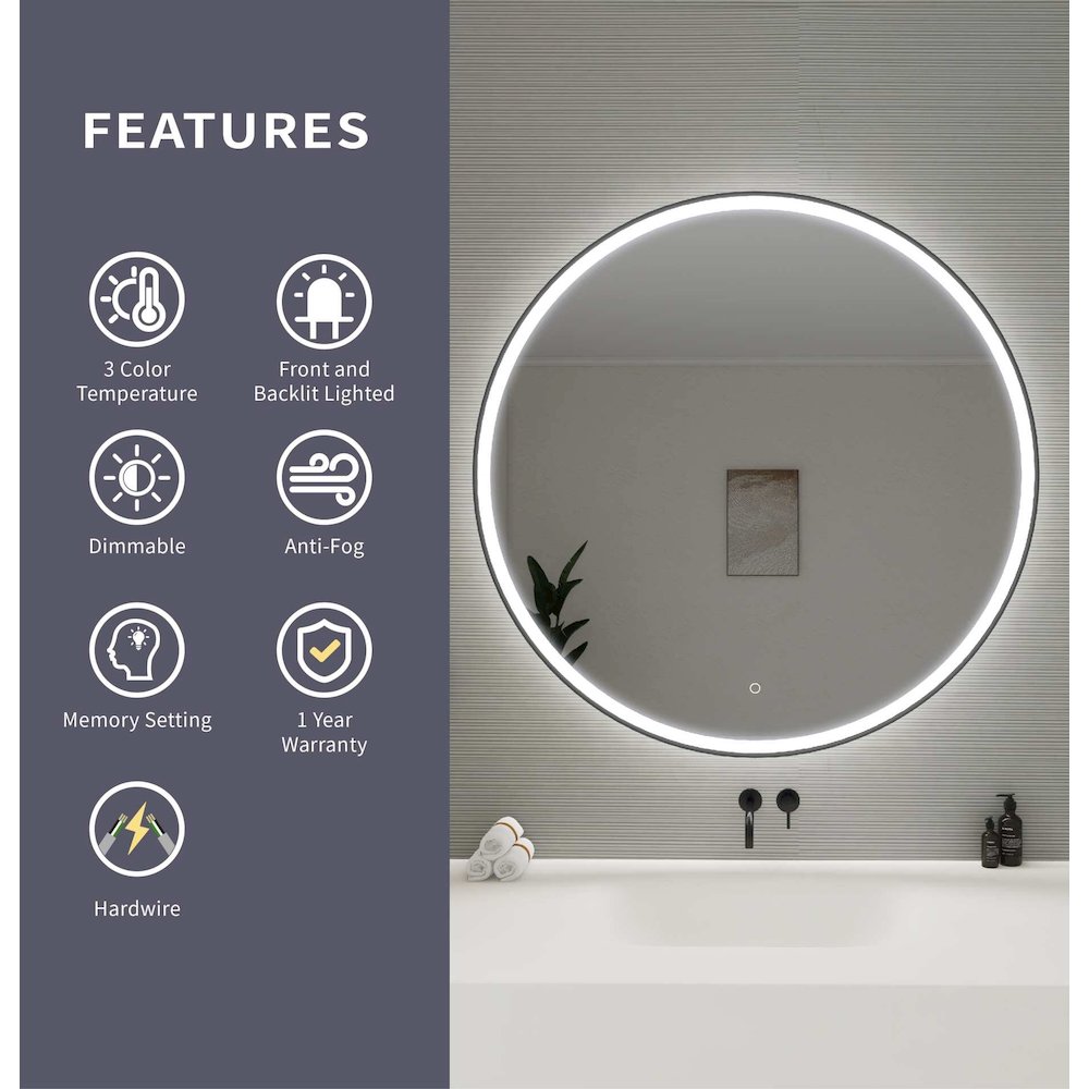 45 Round LED Front and Backlit Wall Mirror in Black. Picture 11