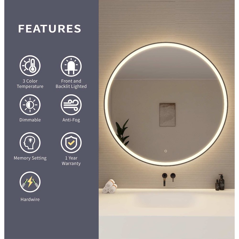 45 Round LED Front and Backlit Wall Mirror in Black. Picture 9