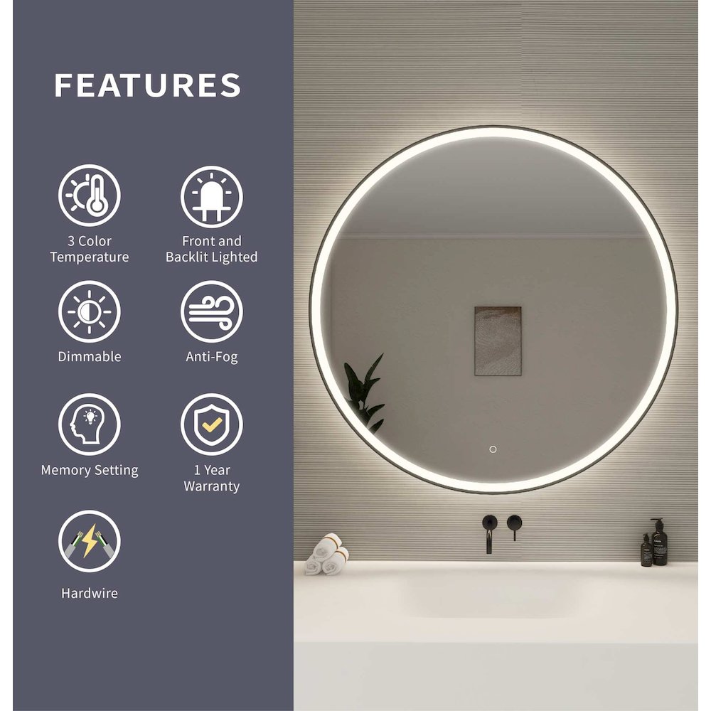 45 Round LED Front and Backlit Wall Mirror in Black. Picture 10