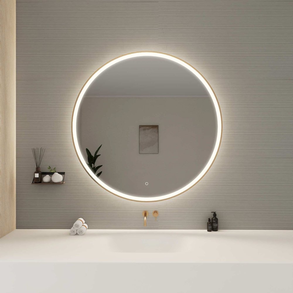 45 Round LED Front and Backlit Wall Mirror in Satin Gold. Picture 2