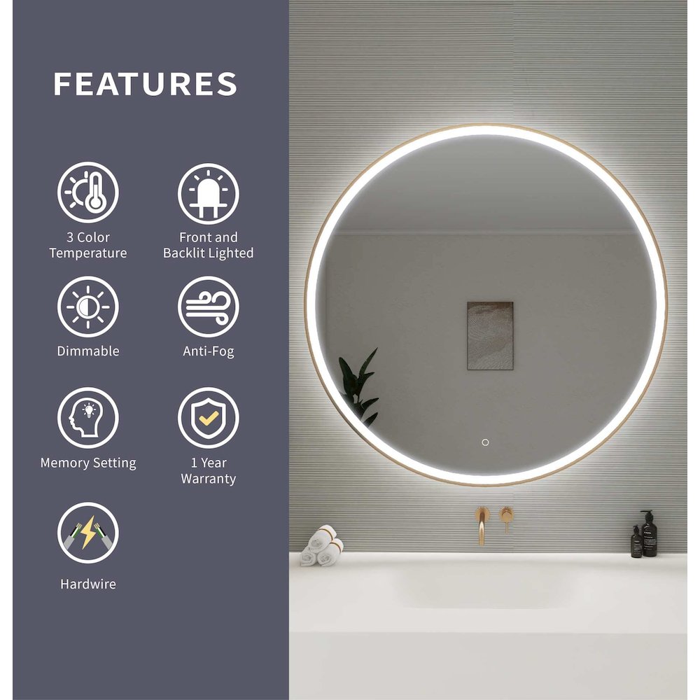 45 Round LED Front and Backlit Wall Mirror in Satin Gold. Picture 11
