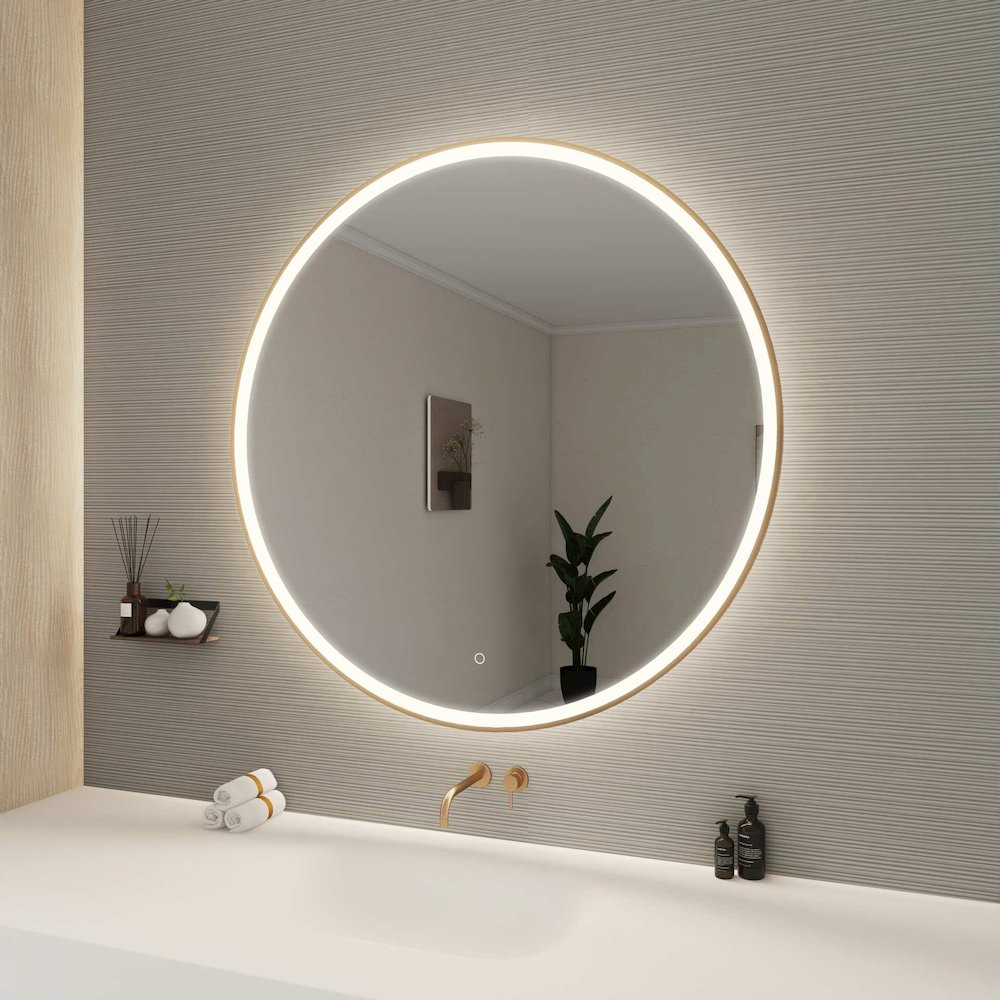 45 Round LED Front and Backlit Wall Mirror in Satin Gold. Picture 3