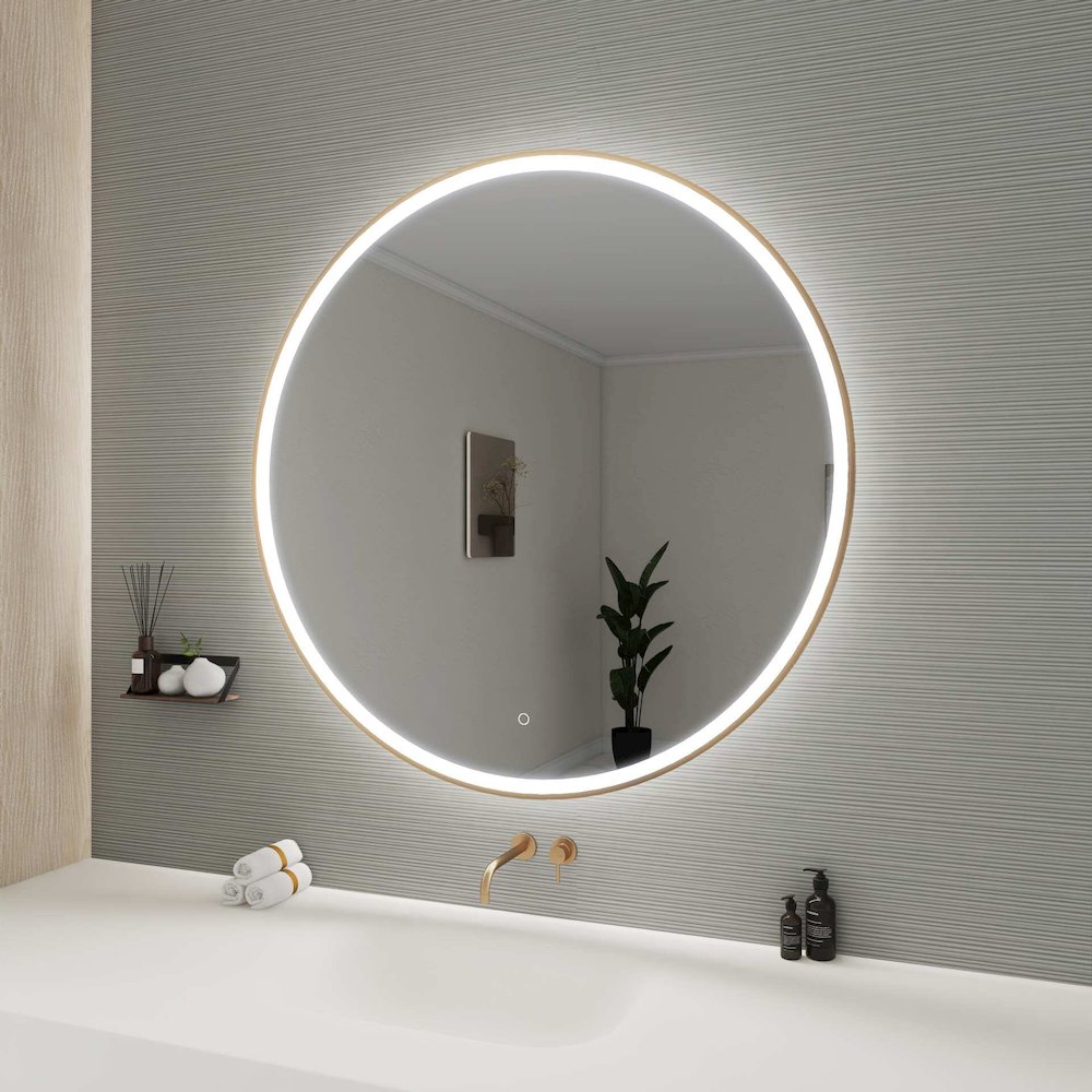 45 Round LED Front and Backlit Wall Mirror in Satin Gold. Picture 5