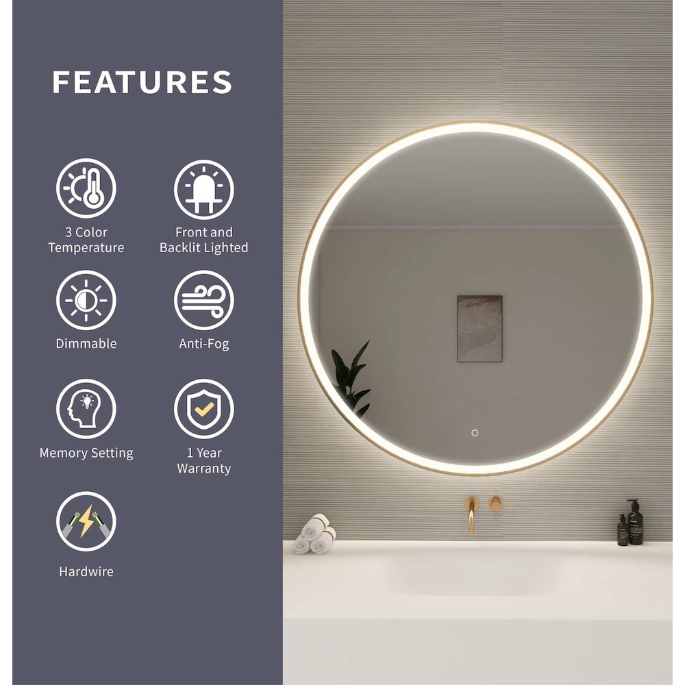 45 Round LED Front and Backlit Wall Mirror in Satin Gold. Picture 10