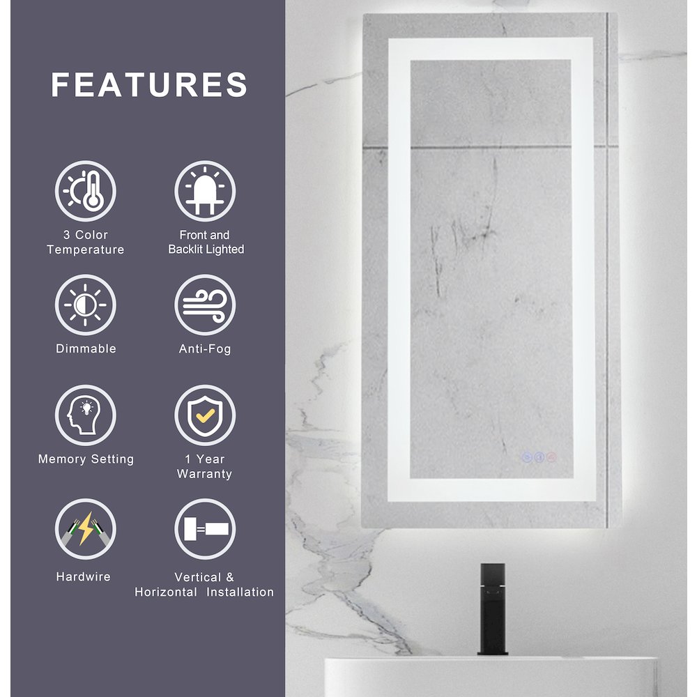 Riven 36X18 Led Mirror, Adjustable Color 3000K/4200K/6400K. Picture 11