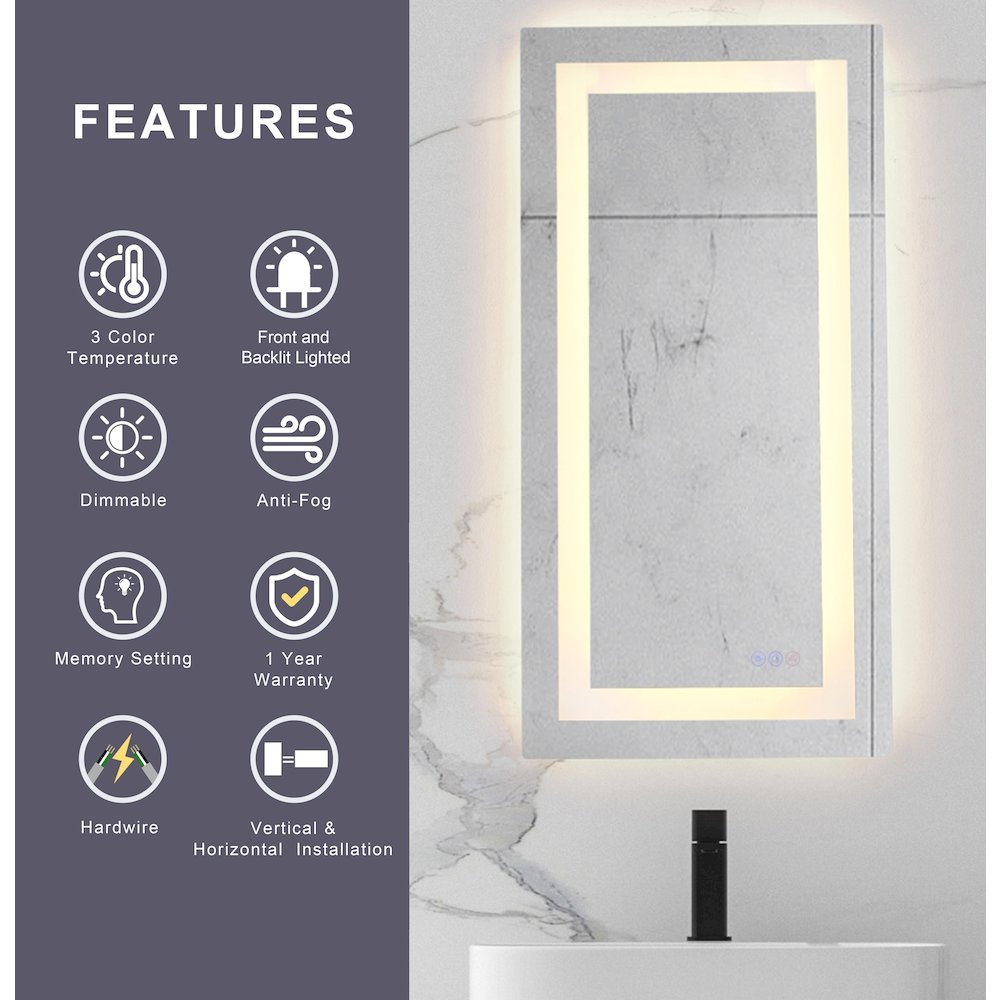 Riven 36X18 Led Mirror, Adjustable Color 3000K/4200K/6400K. Picture 9