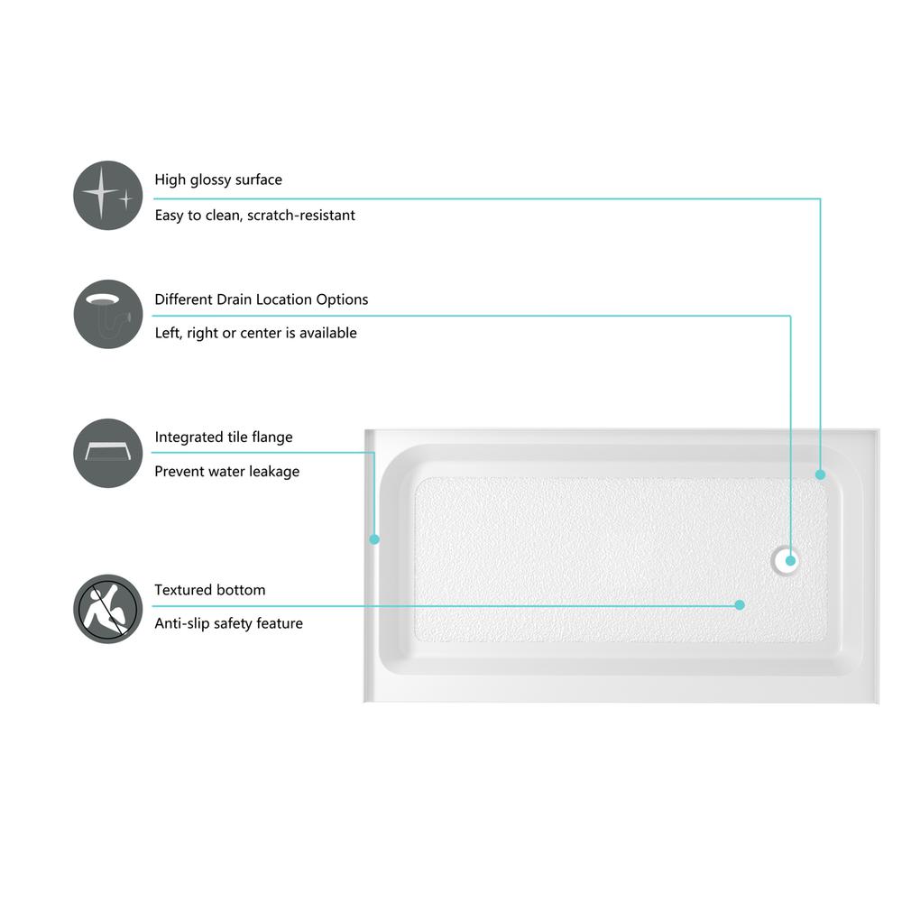60x36 inch Single threshold shower tray right drain in glossy white. Picture 6