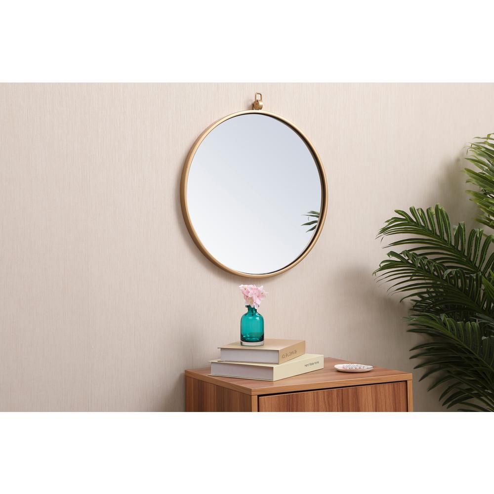 Metal frame round mirror with decorative hook 18 inch in Brass. Picture 2
