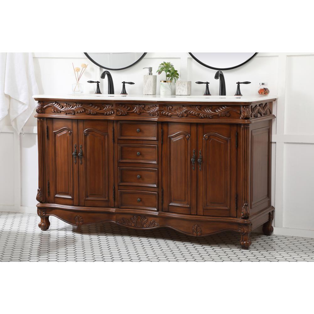 60 inch double Bathroom vanity in teak with ivory white engineered marble. Picture 2