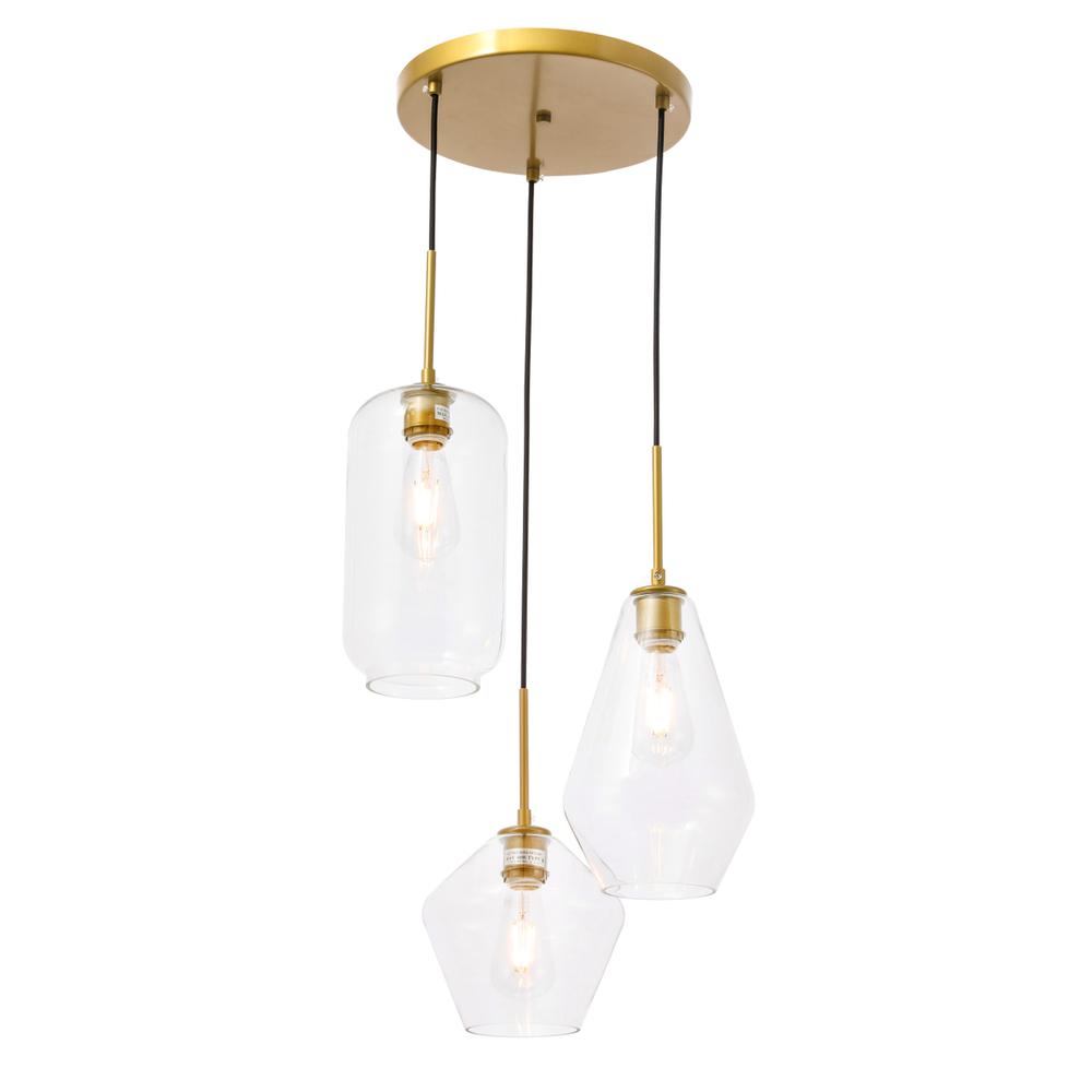 Gene 3 light Brass and Clear glass pendant. Picture 5
