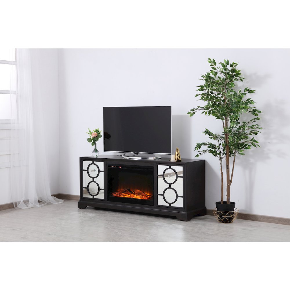 60 In. Mirrored Tv Stand With Wood Fireplace Insert In Dark Walnut. Picture 3