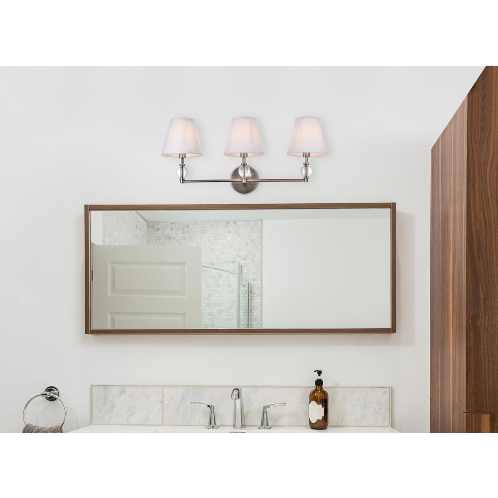 Bethany 3 lights bath sconce in satin nickel with white fabric shade. Picture 6