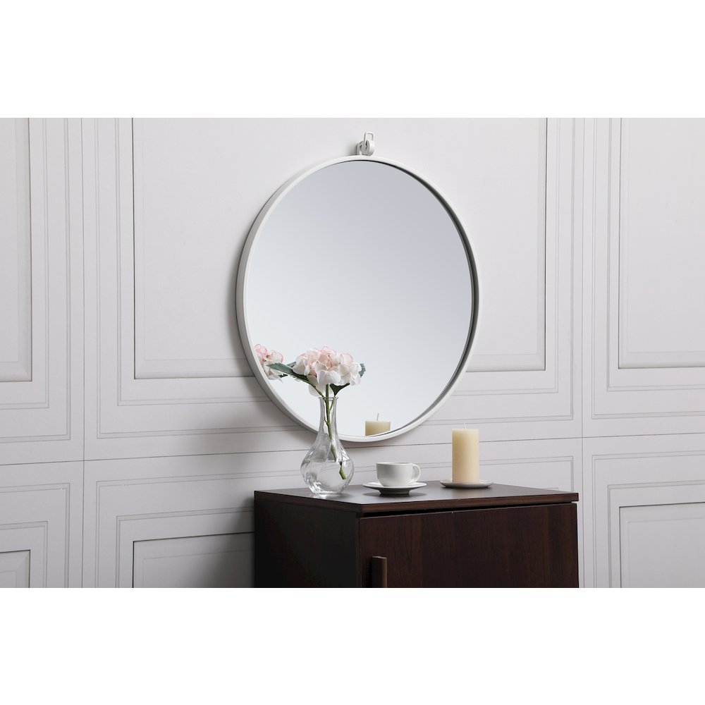 Metal Frame Round Mirror With Decorative Hook 21 Inch In White. Picture 3