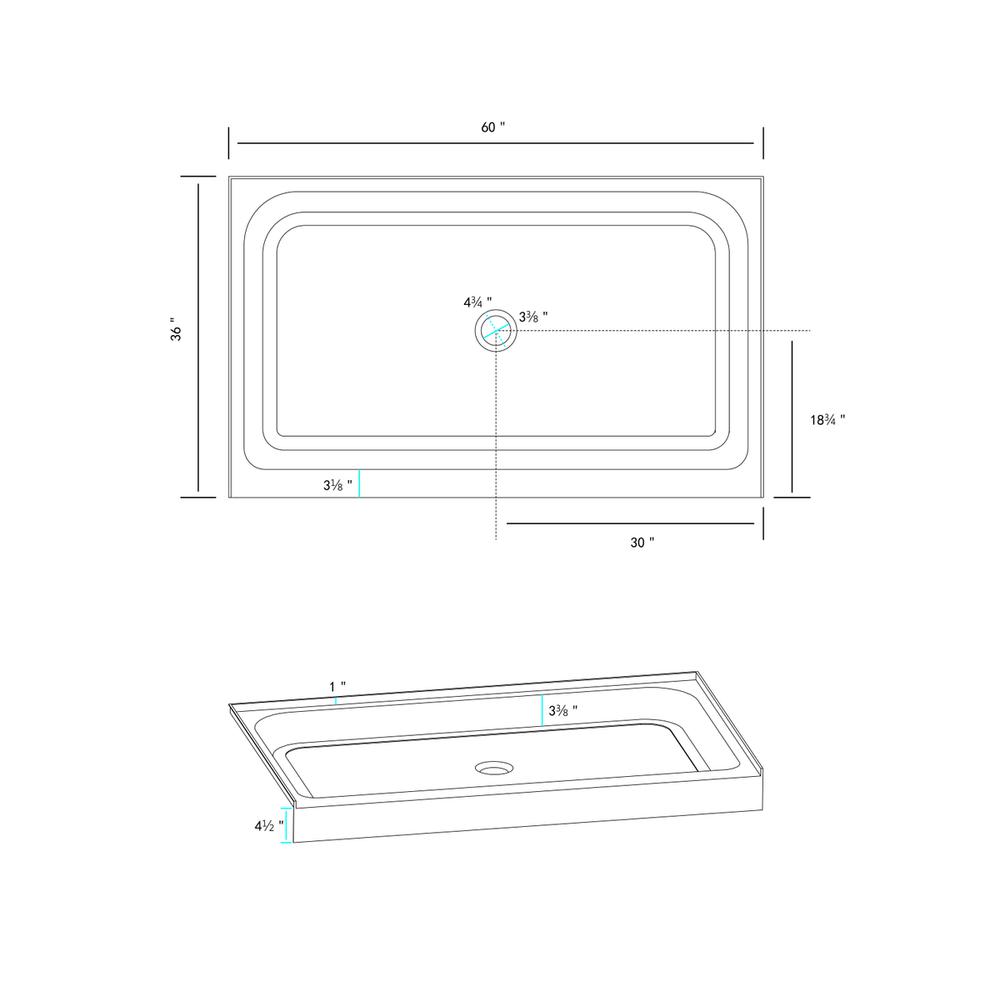 60x36 inch Single threshold shower tray center drain in glossy white. Picture 8