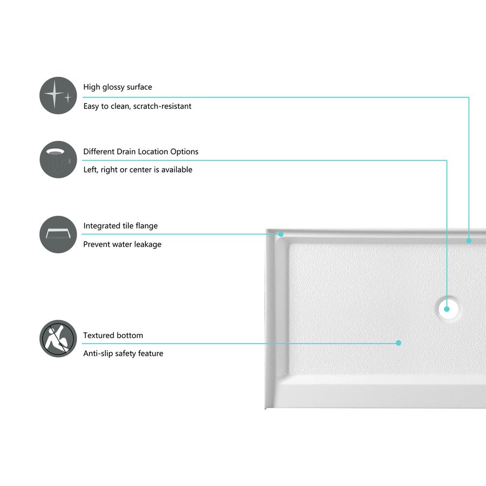 60x30 inch Single threshold shower tray center drain in glossy white. Picture 6