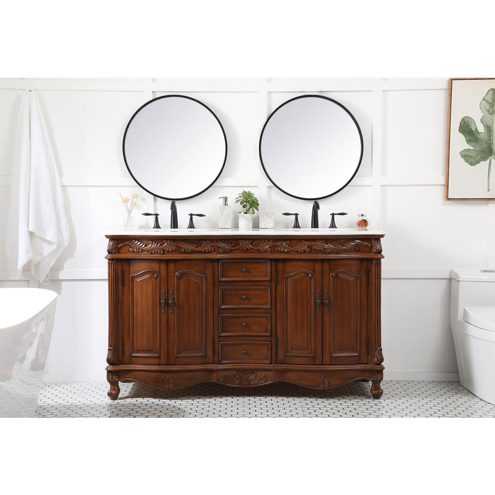 60 inch double Bathroom vanity in teak with ivory white engineered marble. Picture 4
