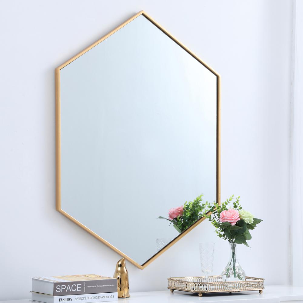 Metal frame hexagon mirror 30 inch in Brass. Picture 2