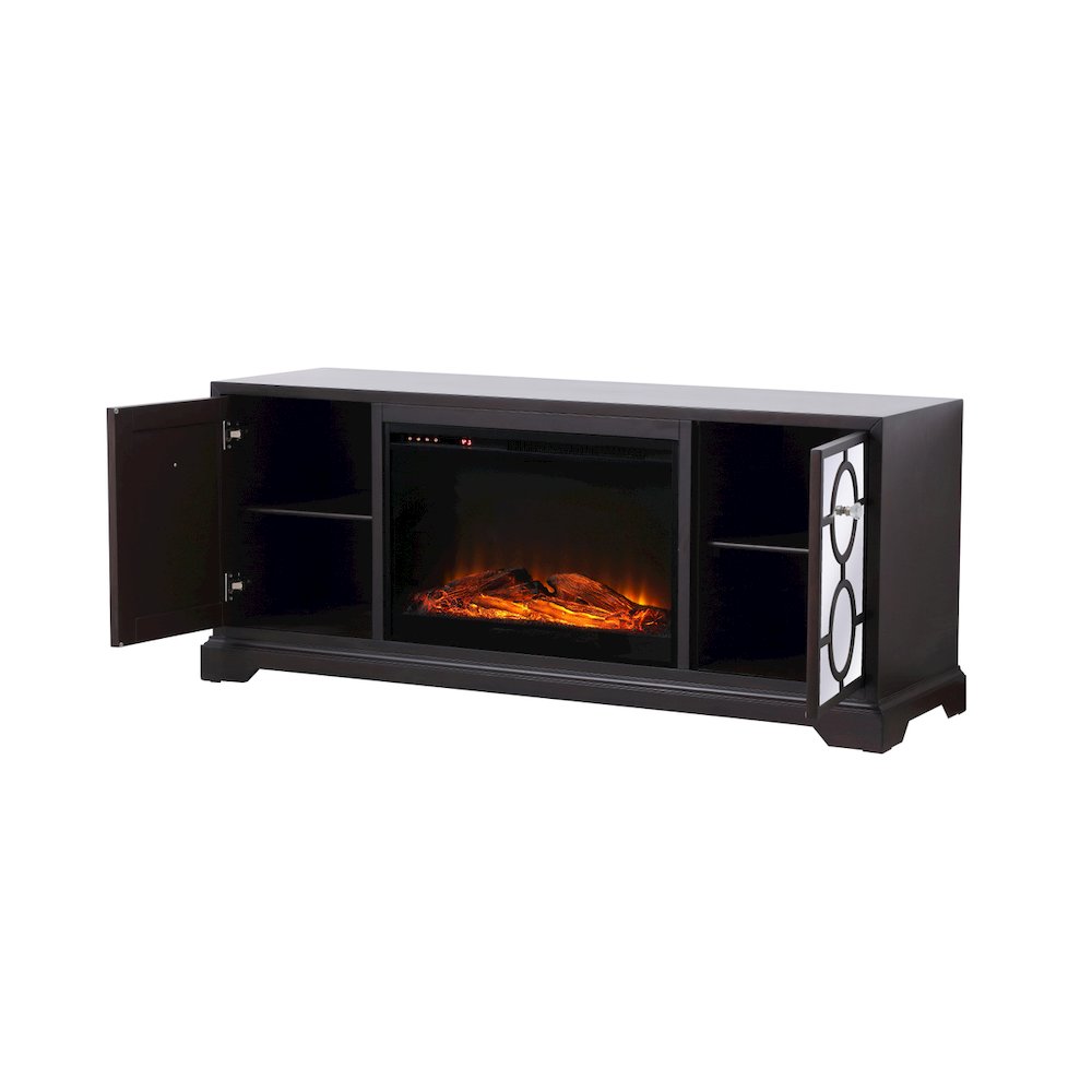 60 In. Mirrored Tv Stand With Wood Fireplace Insert In Dark Walnut. Picture 7