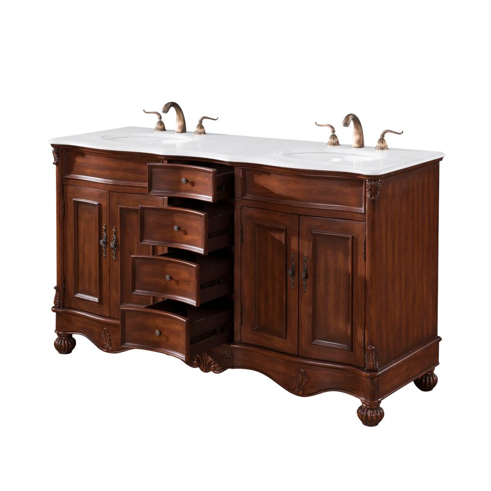 60 inch Double Bathroom vanity in Teak with ivory white engineered marble. Picture 3
