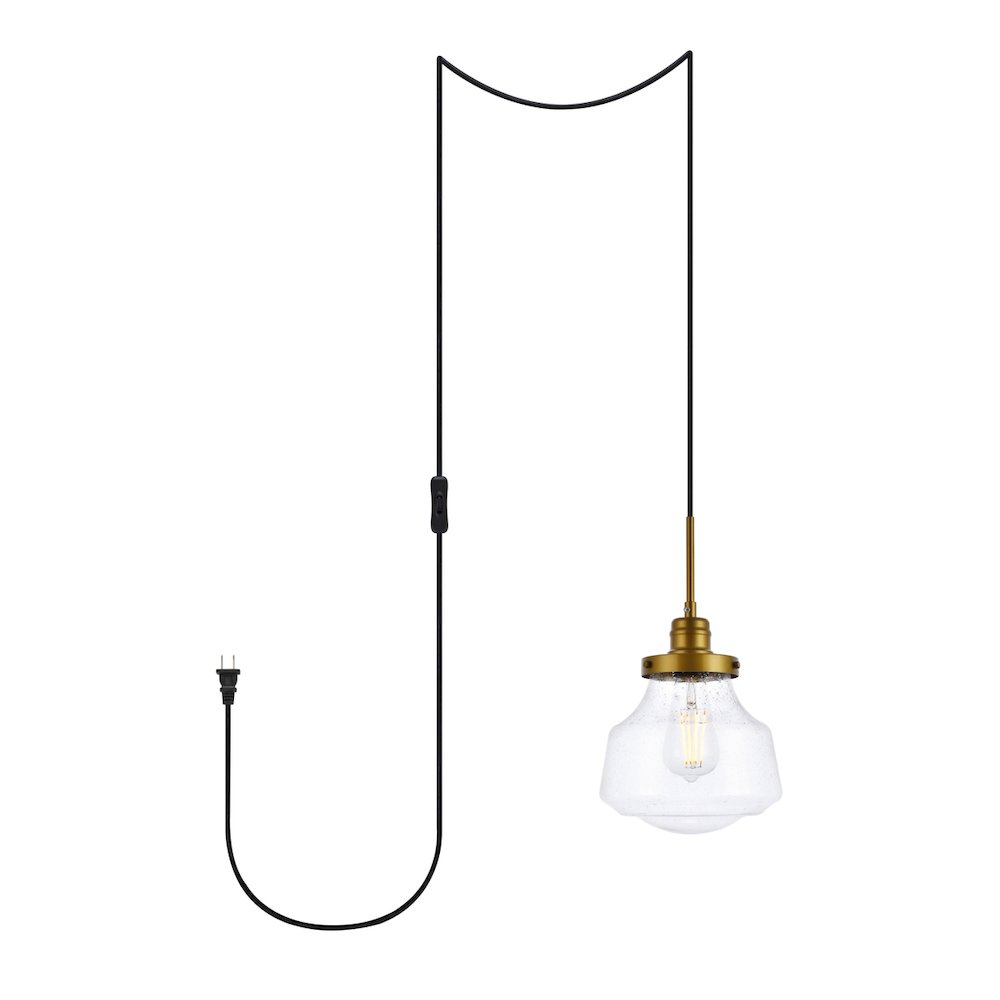 Lyle 1 Light Brass And Clear Seeded Glass Plug In Pendant. Picture 1