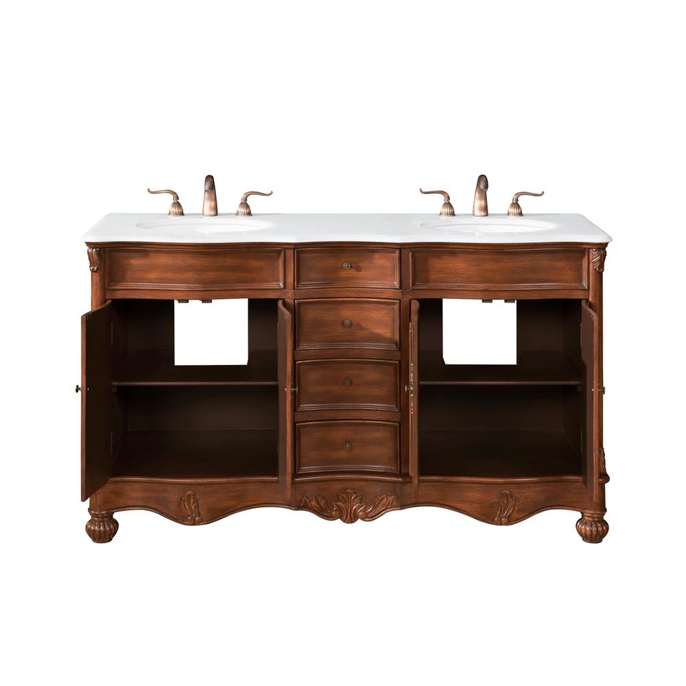 60 inch Double Bathroom vanity in Teak with ivory white engineered marble. Picture 4