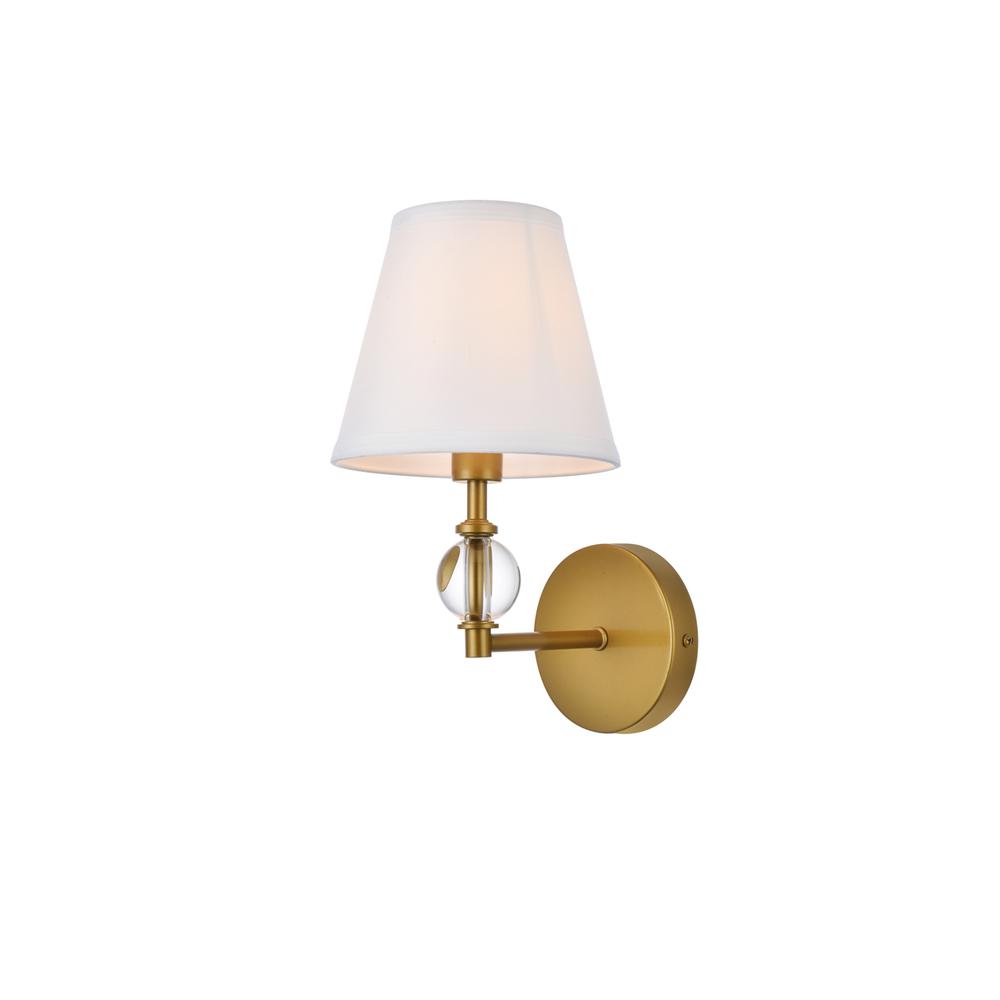 Bethany 1 light bath sconce in brass with white fabric shade. Picture 2