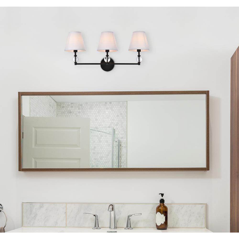 Bethany 3 lights bath sconce in black with white fabric shade. Picture 6