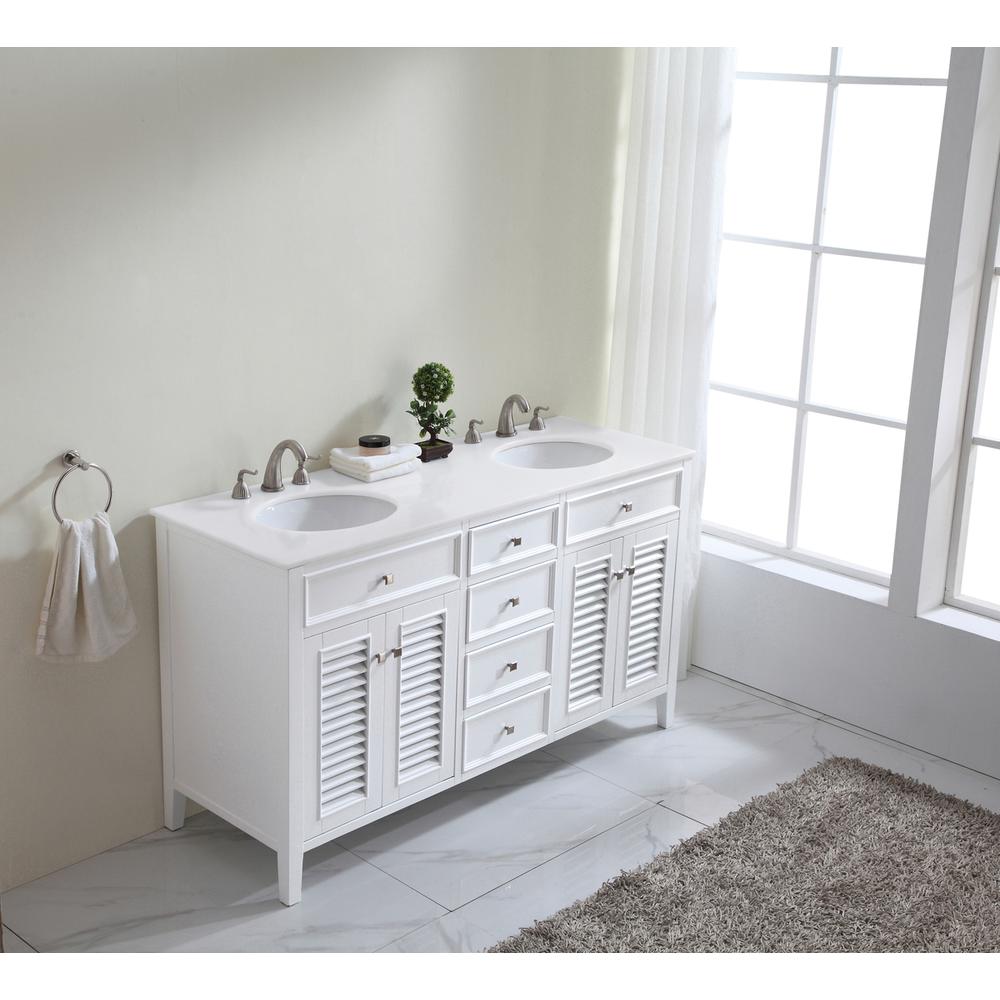 60 inch Double Bathroom vanity in White with ivory white engineered marble. Picture 11