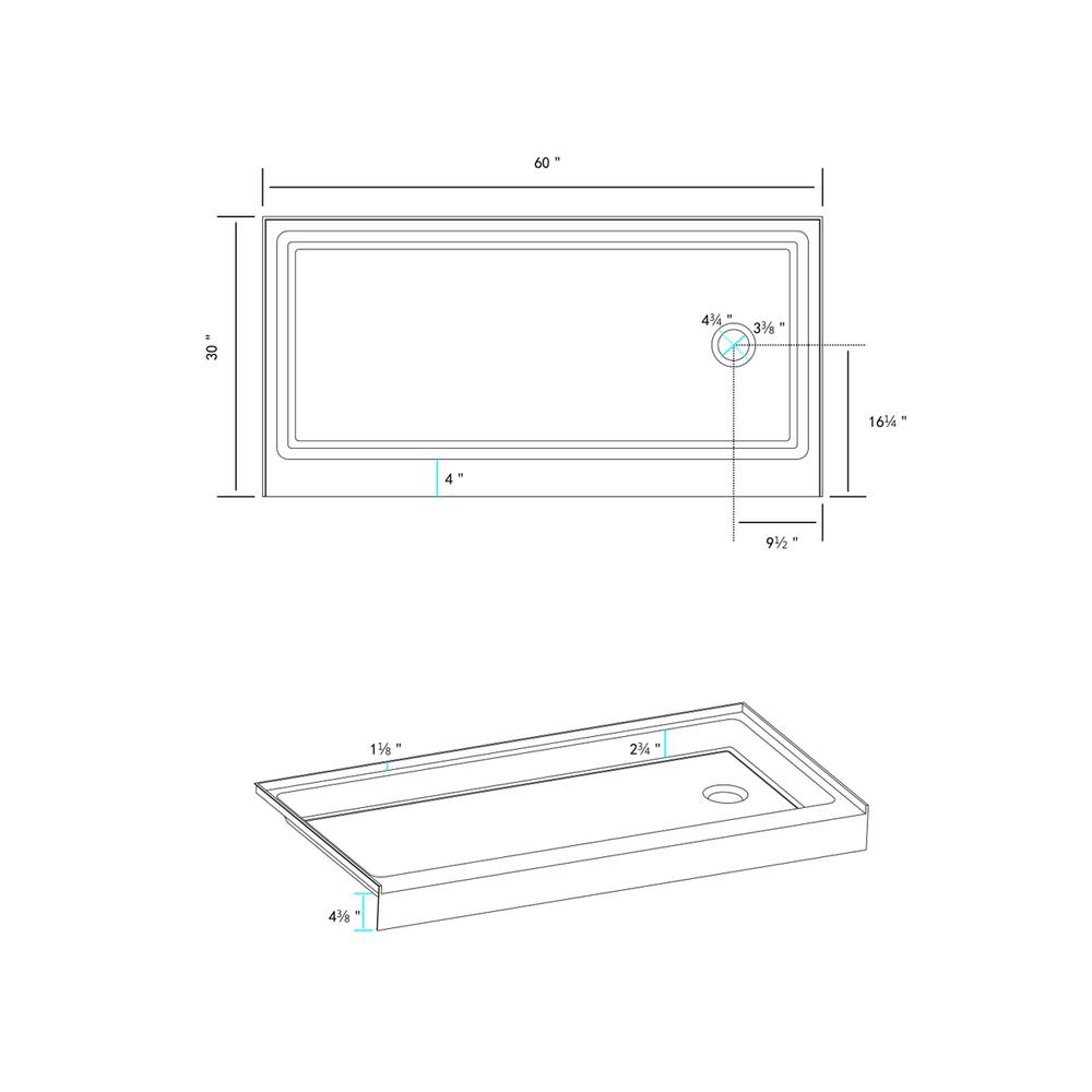 60x30 inch Single threshold shower tray right drain in glossy white. Picture 8