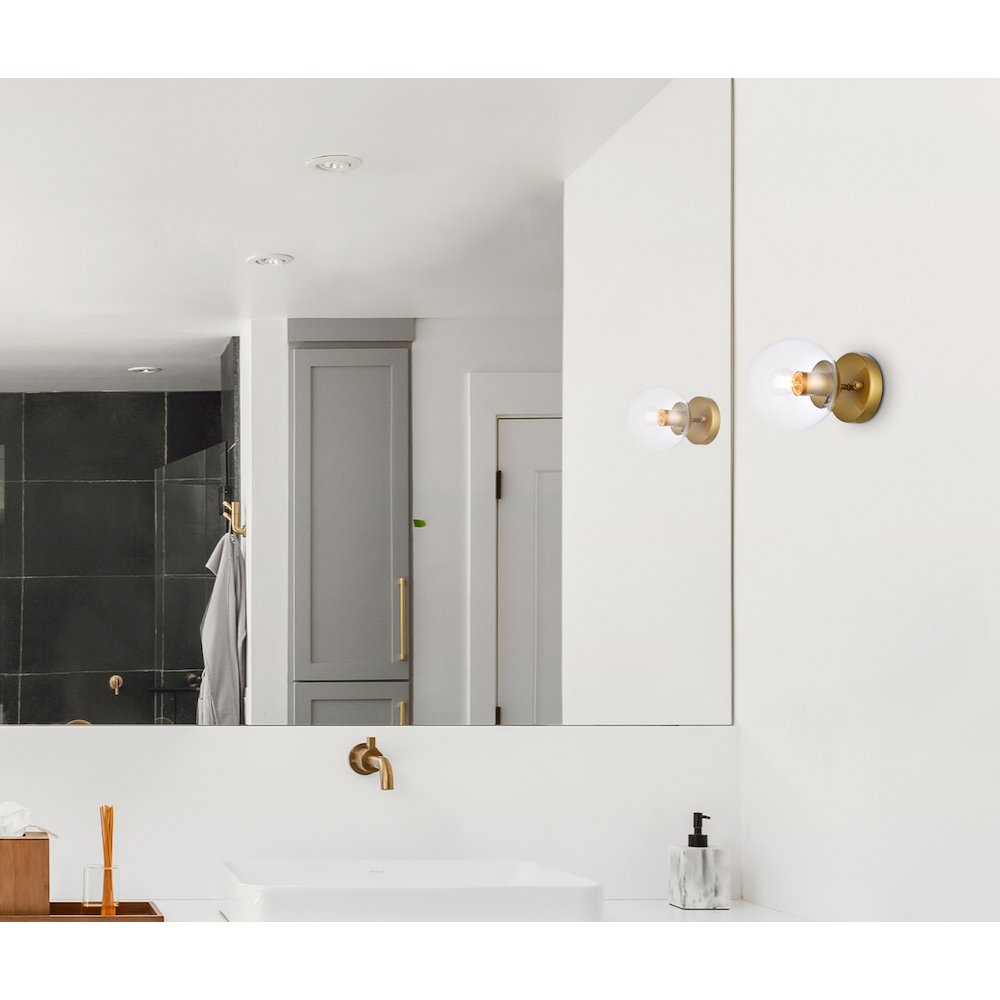 Mimi Six Inch Dual Flush Mount And Bath Sconce In Brass With Clear Glass. Picture 8