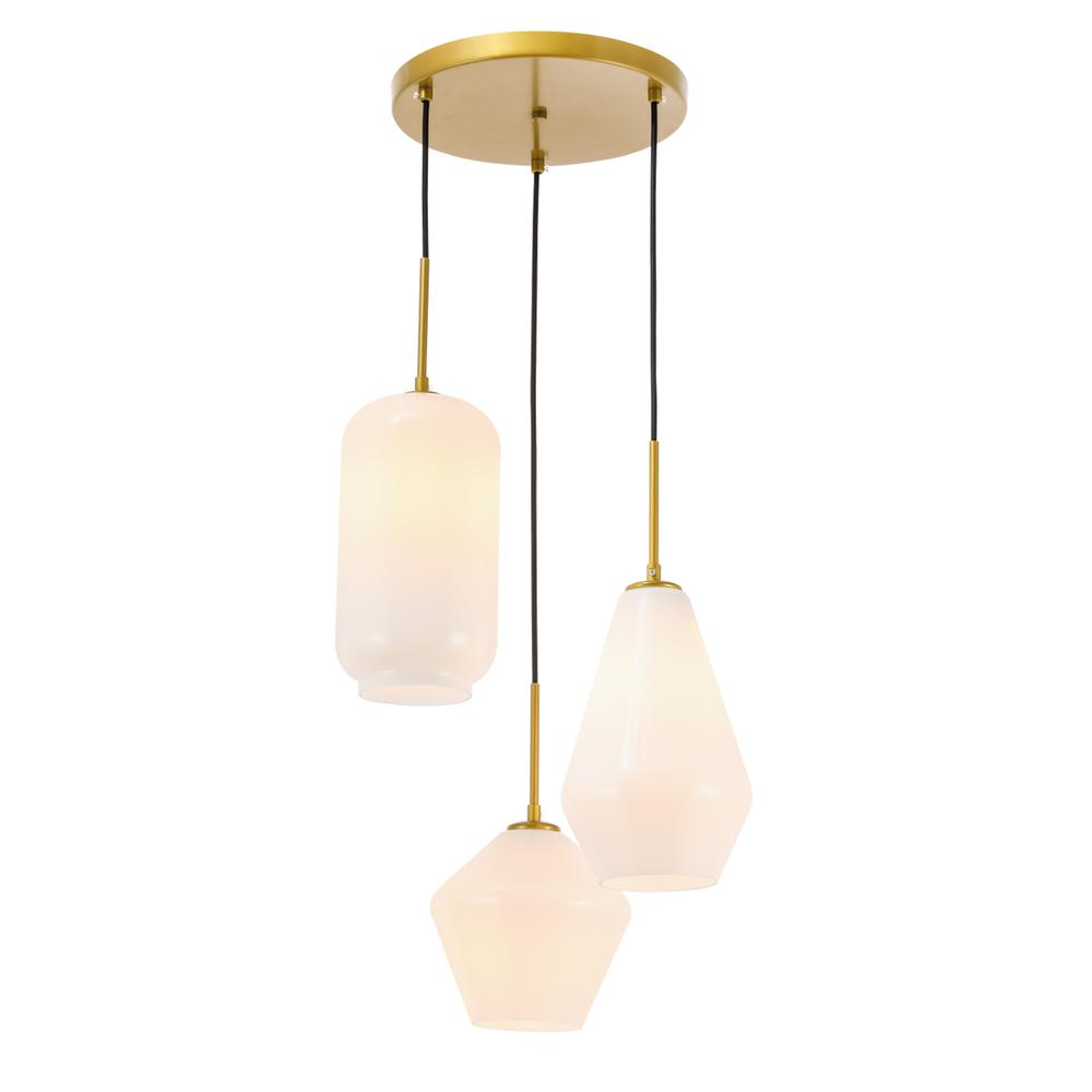 Gene 3 light Brass and Frosted white glass pendant. Picture 5