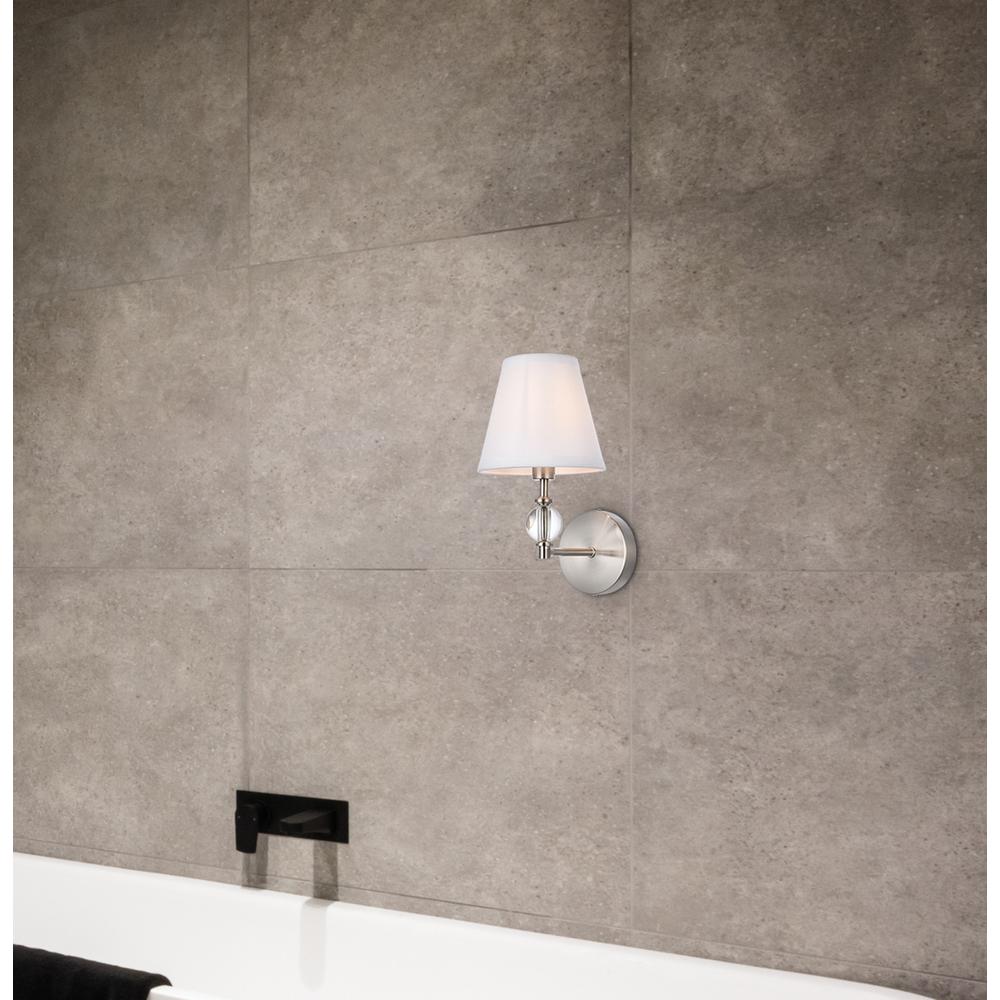 Bethany 1 light bath sconce in satin nickel with white fabric shade. Picture 7