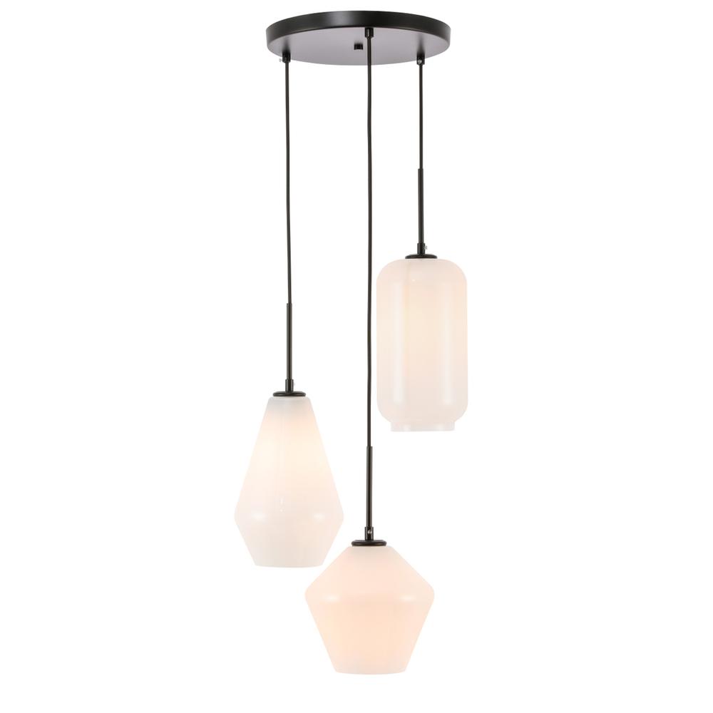 Gene 3 light Black and Frosted white glass pendant. Picture 1