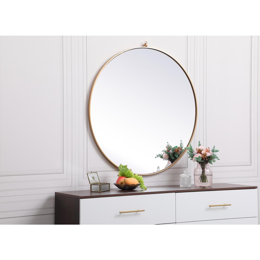 Metal frame round mirror with decorative hook 39 inch in Brass. Picture 2