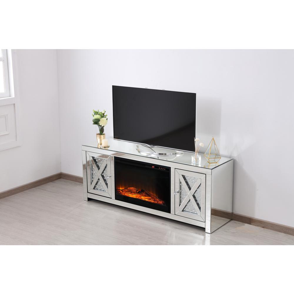 59 in. crystal mirrored TV stand with wood log insert fireplace. Picture 2