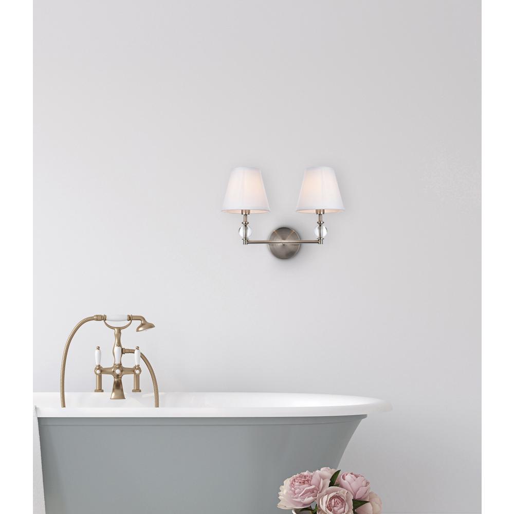 Bethany 2 lights bath sconce in satin nickel with white fabric shade. Picture 6
