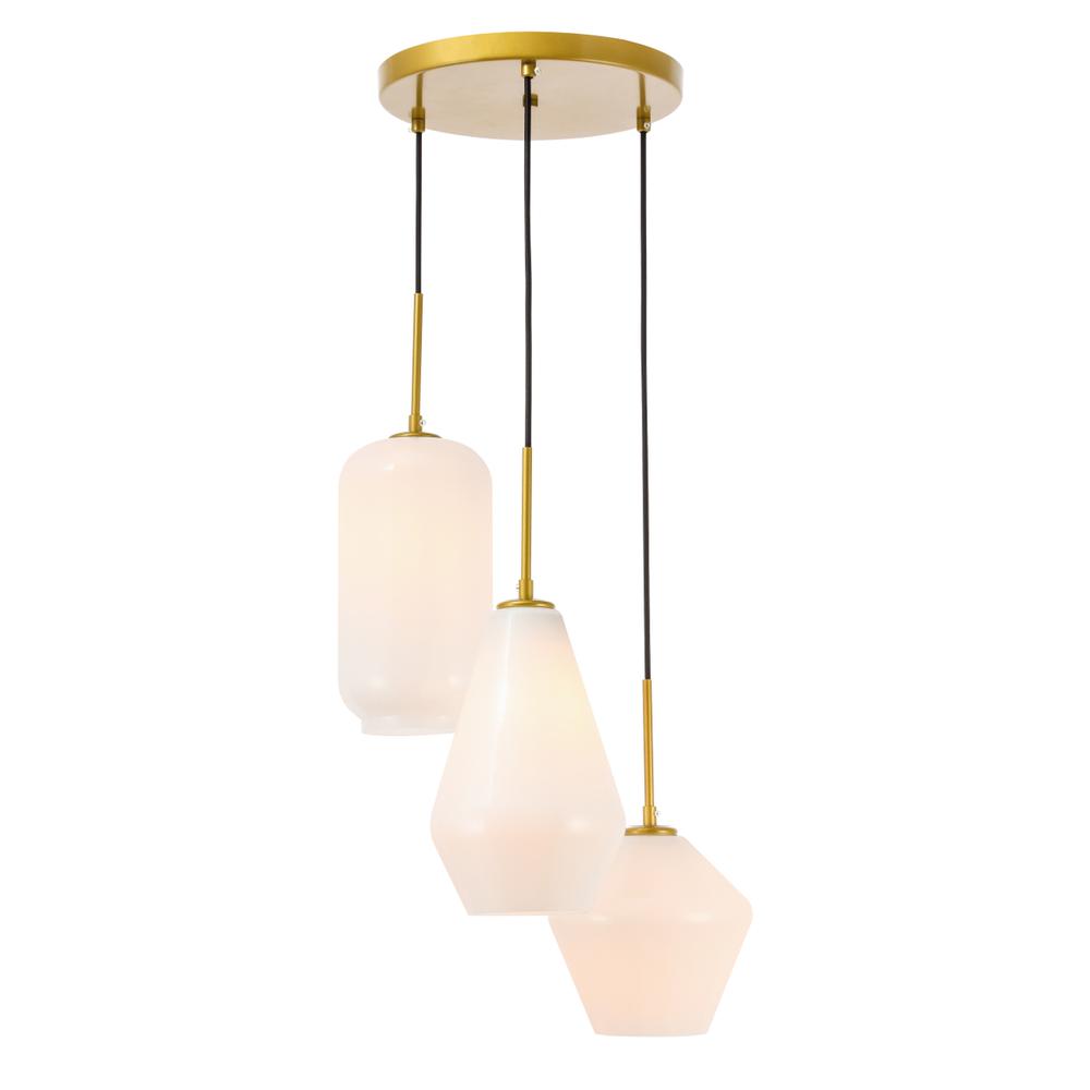 Gene 3 light Brass and Frosted white glass pendant. Picture 7