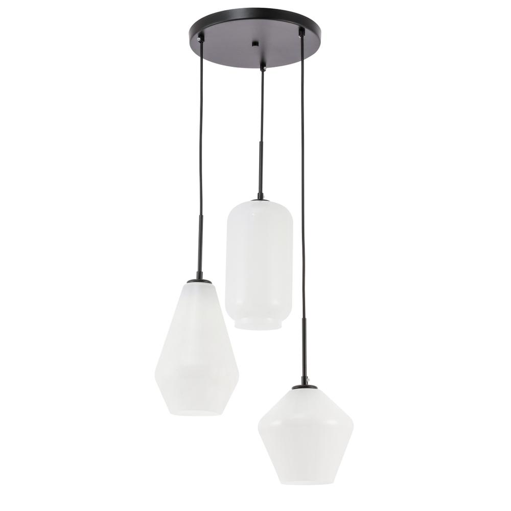 Gene 3 light Black and Frosted white glass pendant. Picture 4