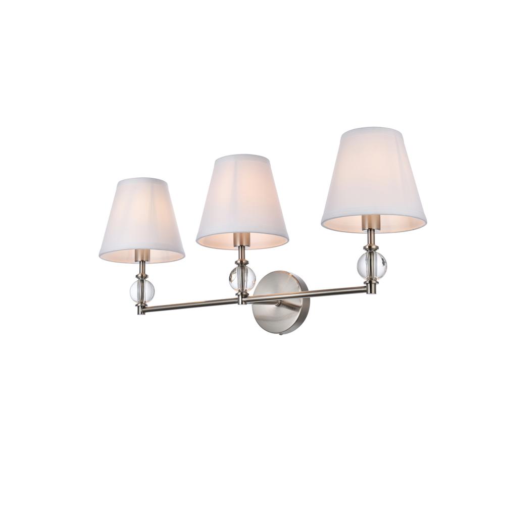 Bethany 3 lights bath sconce in satin nickel with white fabric shade. Picture 2