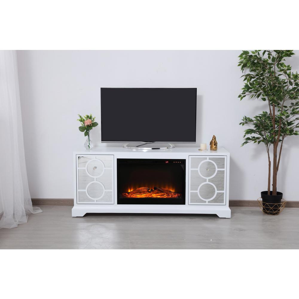 60 in. mirrored TV stand with wood fireplace insert in white. Picture 10