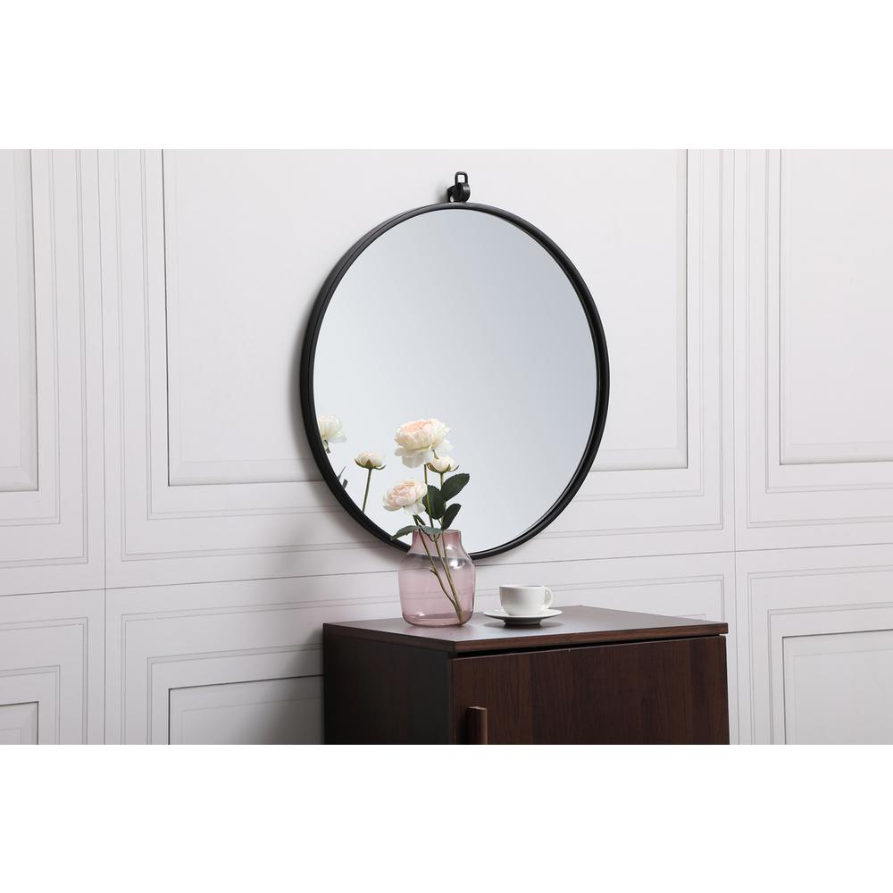 Metal frame round mirror with decorative hook 21 inch in Black. Picture 2