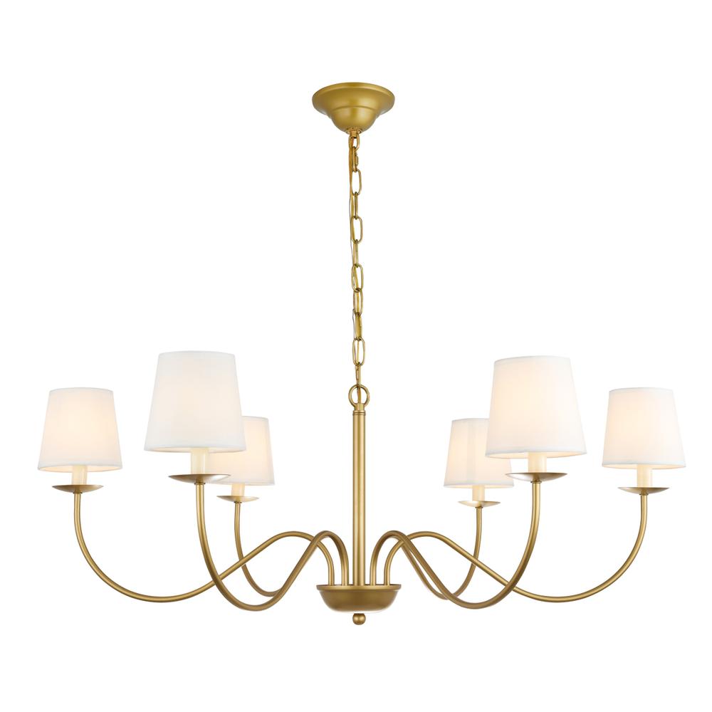 Eclipse 6 light Brass and White shade chandelier. Picture 1